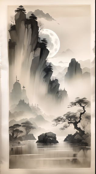 ink and watercolor painting?Draw on rice paper?Use thick and light ink to create light and dark variations and layers?Pick the right ink color?Such as deep black?Thick gray?Light coffee, etc?to express different situations and atmospheres?Control the gradient and transition of ink color by the humidity and consistency of the ink?mont?Eau?the trees?Lake surface?Bleak, Desolate, Solitude?A huge full moon rises over the horizon?Cool moonlight?Black and white tones?dead tree? Traditional Chinese Ink Painting, Traditional Chinese art, author?Guo Xi, author?Ma Yuanyu, Traditional Chinese painting, author?Xu Xi, author?Luo Mu, author?Yang Buzhi, author?Li Kelan, author?Gu An, Ink painting ) ) ) ), Chinese ink painting, Chinese painting style