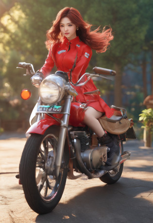 Woman riding a classic bike, Beautuful Women?Red long hair, full scene shot, Best Quality, Evening glow, Steppe road, blows wind, Beautuful Women, Outdoor Scene, dark red hair, Natural view, Red Riders Jacket, Navel Ejection,  Highly detailed facial and skin texture, Detailed eyes, ?????, Full body,Korean beauty?  20-year-old female model, Octane Render,Two-tone lighting,Wide aperture,Low ISO,White Balance, Driving a classic motorcycle, landscape