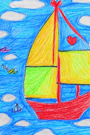 children's drawing of a sailboat, using crayons on a piece of craft paper, Crayola