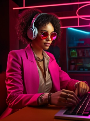 commercial photo a woman is looking at her headphones while mixing music on a DJ set, in the style of magenta, deconstructed tailoring, poolcore, video, monumental ensembles, bold curves, ferrania p30 --ar 65:87 --style raw --s 750 --v 5. 1