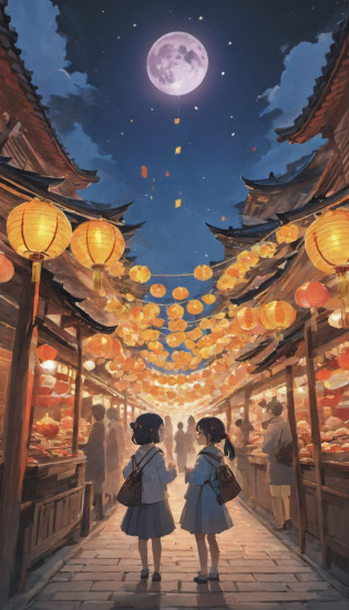 On a peaceful autumn night?A bright full moon hangs high in the clear blue night sky?A little star shines?In a beautiful square?Two cute pandas standing under the moon?They silently look forward?As if waiting for an important moment?
Traditional celebratory installations are arranged in the square?Bamboo lanterns and art installations dot the entire environment?Add a mysterious atmosphere to the festival?The stalls are filled with mooncakes of various flavors?Exudes an enticing aroma?People waiting to taste?and as night falls?The lights gradually come on?It adds a unique color to the square?
In the night sky?Gorgeous fireworks bloom?Bring the whole celebration to a climax?People look up at the sky?Cheers celebrate the Mid-Autumn Festival?The moment is filled with tradition and a spirit of celebration?Present unforgettable artistic pictures?