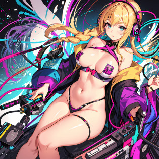Colorful cable and kimono fused, cable and garter belt fused, cable connects to kimono, colorful effects around, headphones, countless cables, countless cables leading to girl, colorful cables, cables plugged into the body, only stuck in cables, wrapped around cables, the background is a taut cable, the background is an electronic board, Colorful effects on background, rabbits, pigtails, nipple seals, small, lower breasts, huge thighs, thick eyebrows, thin waist, beautiful blonde, braids, (masterpiece), ((highest quality)), (super detailed), girl, (beautiful eyes)), beautiful detailed eyes, clean and detailed face, five fingers, textile shading, perfect anatomy,