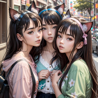 Trio of girls wearing cat ears. They are real people, and they are all Japan people. He has dark hair and is 18 years old. --auto --s2