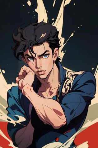 (best quality, masterpiece), 1boy, looking at viewer, upper body, araki hirohiko \(style\), kujo jotaro's pose \(jojo\),