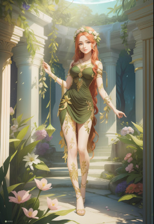 Uma mulher ruiva, vestido verde elegante, segurando uma flor, persephone in spring, fey queen of the summer forest, Deusa da Primavera, deusa flor, goddess of summer, Deusa da Natureza, the goddess of summer, Menina elfa vestindo um terno da flor, estilo de arte de fantasia, Deusa da Floresta, flora humanoide, Deusa grega, persephone, Dryad elegante e bonita, elegante e bonita, obra-prima, melhor qualidade, (papel de parede CG unity 8k extremamente detalhado), (melhor qualidade), (best illustration), (melhor sombra), Absurdo, fantasia, mistic, mythological, flores, arte epica, Poses gloriosas, lindo brilho detalhado, brilho luminoso de fundo, detalhes insano