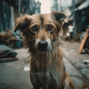 an abandoned dog, very thin, dirty, bony, sad look, sick, on a dirty bangkok street, full body, looks straight into the camera, soft light, shot on Agfa Vista 200, frontal view, 4k --ar 16:16 --stylize 1000 --v 5