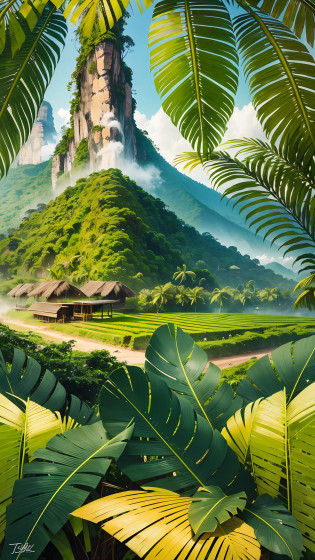 �Create a captivating image in a vibrant and dynamic style that represents the essence of Jamaica. In the center of the image, depict a lush tropical forest with towering trees, alongside fields of swaying sugar cane. Use a rich color palette, incorporating deep greens for the forest and vibrant shades of green for the sugar cane, capturing the diverse and abundant nature of the Jamaican landscape. To enhance the depiction of the sugar cane fields, include workers tending to the crops, showcasing the agricultural significance of sugar cane in Jamaica�s history and economy. Emphasize the tall stalks and vibrant green color of the sugar cane, bringing them to life in the composition. Integrate the lively and colorful birdlife found in Jamaican forests. Illustrate native birds such as the Jamaican Tody or the Red-billed Streamertail, known as the national bird of Jamaica. These birds, with their vibrant plumage and unique characteristics, add an element of beauty and enchantment to the image. In the background, capture the majestic Blue Mountains, their misty peaks rising in the distance. These mountains are not only a stunning natural feature of Jamaica but also contribute to the ideal conditions for growing coffee. Incorporate subtle elements that represent the coffee industry, such as coffee plants or a small coffee bean illustration. To add a touch of Jamaican culture, include individuals engaging in activities that reflect the island�s spirit, such as playing reggae music, dancing, or enjoying the vibrant local cuisine. Ensure that the composition portrays depth and movement, with birds soaring through the air, leaves rustling in the wind, and the warm glow of sunlight filtering through the forest canopy. This will create a sense of energy and immersion in the --auto --s2
