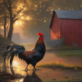 The morning sun peeked over the horizon, casting its soft dawn light across the farm. A lone rooster stood next to a large oak tree, peering down curiously at a small puddle near the base of the trunk. The puddle had formed from the rain showers the night before, the water reflecting the gradually brightening sky overhead. Rustling his feathers, the rooster leaned closer to examine his reflection in the pool, his crimson comb casting a faint reddish tinge on the water's surface. Suddenly, a drop of water fell from the tree branches above, creating a ripple through the puddle that distorted the rooster's image. The rooster jumped back in surprise, letting out an alarmed crow. Across the yard, an electrical outlet on the side of the old red barn flickered on, signalling the start of a new day. Paying no mind, the rooster continued his fascinated study of the shimmering puddle, awaiting the morning sun to fully illuminate the farm with its warm glow.