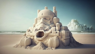 a stormtrooper wearing a swimsuit is building a sandcastle on a sunny beach::2. The stormtrooper should be standing knee-deep in the ocean, with waves crashing around them::2. The sandcastle should be elaborate and well-crafted, with a theme of an intergalactic space station::2. The castle should have intricate details such as turrets, a landing pad for spacecraft, and even miniature stormtrooper figurines guarding the perimeter. In the background::1 there should be other stormtroopers playing beach volleyball, and colorful beach umbrellas dotted along the shoreline::0. 5 The image should have a realistic and dynamic feel, with the stormtrooper in action and the waves crashing around them. The overall tone should be cute and playful, with a touch of humor. dynamic sharp contrast bokeh vivid colours bright sand hyperrealistic --ar 16:9 --chaos 100 --v 4 --q 2 --s 750
