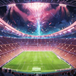 (((four skillful players tackling for the football))), an exciting soccer match in a stadium full of spectators and floodlights, passionate crowd, dazzling stadium floodlights, spectacular and electrifying moment, vibrant atmosphere, mexican themed, dessert themed, fantasy themed stadium.