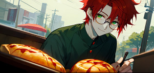 (masterpiece, best quality), Anime boy, young man, solo, 1 boy solo, red hair, messy red hair, messy short red hair, pale skin, dark under eyes, dark eyebags, tired, modern clothes, peaceful scenery, beautiful soft lightning, detailed, glasses, black glasses, dark green eyes, relaxing, smiling slightly, soft expression, showing food towards camera, holding food towards camera, holding food, close up of food, giving food towards the camera, giving food, holding food, cooking, at street, detailed food