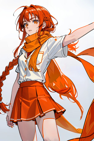 ((Top Masterpiece, Best Quality, 2D Coloring)), (1 Girl), (Single), (Women's Theme), (Intro Hair) (Red Low Braided Hair), White Plush Hair Accessories Under Ears, Golden Eyes, ((Orange Plush Scarf), (Buttoned Shirt)), ((College Uniform), (Short Skirt)), Standing, White Background, Arms Behind. Crimson hair, golden eyes