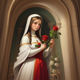 a painting of the virgin mary holding a rose in her right hand and looking over her left shoulder