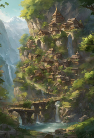 Nestled gracefully within the craggy embrace of towering, verdant mountains, this ethereal elven village stands as a testament to the harmonious union between elven craftsmanship and the natural world. Perched against the steep, emerald-clad terrain, its homes and pathways are a masterful blend of elven artistry and the sturdiness of stone and marble. Elaborate, spiral staircases of finely polished marble connect the dwellings, while slender bridges of intricately carved stone span glistening streams and cascading waterfalls, linking the tiers of this sylvan settlement.

The villagers' homes are sculpted from the very mountains themselves, their walls crafted from sturdy stone adorned with delicate marble reliefs depicting scenes of nature's beauty. Towering columns of gleaming marble support intricately carved wooden balconies, where residents gather to commune with the breathtaking vistas of soaring peaks and serene valleys. Wisps of vine and ivy, carefully cultivated, trace their way up the stone walls, lending a touch of nature's grace to the stately structures.

Beyond the mountains' embrace, a dense forest of ancient oak and silver-leafed aspen extends its verdant fingers toward the village. Here, the elven inhabitants find solace and sustenance, gathering herbs, forage, and the finest timbers for their graceful craftsmanship. The air is a tapestry of woodland scents, infused with the fragrant embrace of blooming wildflowers and the songs of countless birds.

In this elven haven, where stone and marble stand as both testament to their artistry and a symbol of enduring strength, the villagers exemplify the spirit of the woods they call home�resilient and resourceful, deeply connected to both the formidable mountains and the enchanting forest that cradles their timeless community.