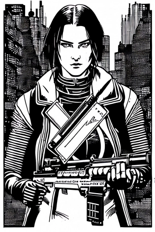 cyberpunk female soldier| cyberpunk 2077| cyberpunk| sci-fi| intricate| precise lineart| highly detailed| centered| hard edge| illustration| by Apollonia Saintclair and Chris Ware