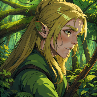 a monstrous carnivorous plant and a man with long blonde hair with hair tied ponytail style this man has Elf ears and wears simple medieval clothes a costume of a plant expert magical plant clothes this man stands next to a giant carnivorous plant in the middle of a magical forest