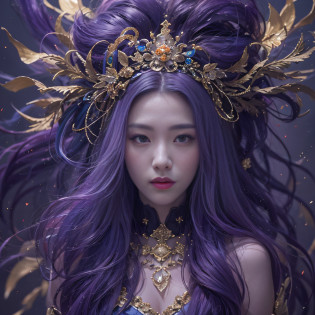 Genki Girl 32K?tmasterpiece?k hd?hyper HD?32K?Long flowing bright purple hair?Autumn Pond?zydink? a color?  Asian people ?Genki girl?? ?Silk scarf?? Combat posture? looking at the ground? long whitr hair? Floating bright purple? Fire cloud pattern gold tiara? Chinese long-sleeved gold silk garment? ?Abstract metaverse splash?1.2?? white backgrounid?Lotus vitality protector?realisticlying?1.4??Bright purple hair?Smoke on the road?The background is pure? A high resolution? the detail? RAW photogr? Sharp Re? Nikon D850 Film Stock Photo by Jefferies Lee 4 Kodak Portra 400 Camera F1.6 shots, Rich colors, ultra-realistic vivid textures, Dramatic lighting, Unreal Engine Art Station Trend, cinestir 800?A girl with long flowing bright purple hair