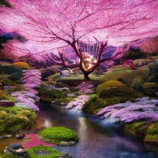 vast fantasy landscape with a giant cherry blossom tree, a suspended village is built on the tree, lots of fairy lights, high detail, japanese fantasy, rural japan, beautiful landscape, forests, mountains, waterfalls, rivers, lotr, dramatic lighting, high detail, intricate, high quality, 8k, high resolution, ultra realistic, --ar 16:9 --test