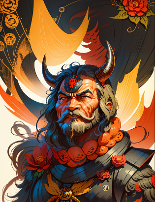 official art, unity 8k wallpaper, ultra detailed, aesthetically pleasing, High quality, masterpiece, best quality, there is a painting of a mask with flowers on it, oni mask, inspired by Shunk?sai Hokush?, inspired by T?sh?sai Sharaku, inspired by Kameda B?sai, inspired by Gyosh? Hayami, black bull samurai, inspired by Koryusai Isoda, oni horns, demon samurai mask, oni