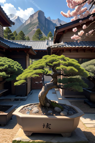 In your own open-air yard, In the yard, There are black pine bonsai, Rhododendron bonsai, Red leaf bonsai, The owner of the yard is pruning the bonsai, Bonsai should have a close-up, Mountains and streams across the yard, And the resulting picture should be authentic?Close to life Characters to be pruned bonsai