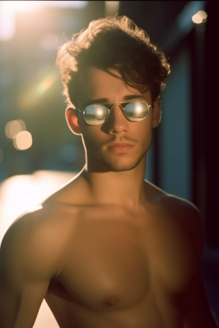 hyper-realistic photo, handsome man in beachwear, sun glasses, photo on iphone 14 in mirror, short dark hair, cozy bright room :: film grain, Kodak portra 800, f1. 8, golden hour --ar 2:3
