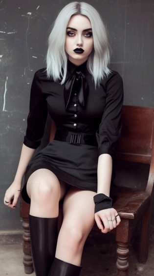 A very pretty goth lady sitting wearing a black top with black tie and black micro skirt, heavy black boots, light blonde hair, diffuse glow, 32k --ar 9:16 --s 750
