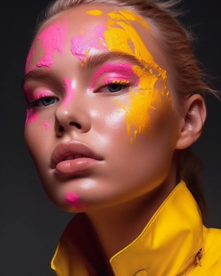 Bold and bright makeup looks, with vibrant eyeshadow, bold lips, and creative designs; Female portraiture; rule of thirds; --ar 4:5 --chaos 27 --q 2 --s 750 --v 5