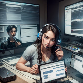 The image features a professional voice actor recording in a state-of-the-art studio. The studio is soundproofed with sleek, sound-absorbing panels on the walls, and the lighting is dimmed to create a focused and creative atmosphere. The actor sits comfortably in front of a high-quality microphone, wearing professional headphones and holding a script. The microphone is mounted on a sturdy stand with a pop filter, ensuring clear and crisp sound quality.

The actor is deeply engaged in the recording process, leaning slightly toward the microphone with a determined expression. Their body language exudes professionalism and confidence. They hold the script in one hand, while the other hand gestures subtly, emphasizing the impact of their voice over.

The studio is equipped with cutting-edge technology, featuring a modern computer setup with a large screen displaying a professional audio editing software. The actor�s voice waveforms are visible on the screen, showcasing their expertise in audio manipulation.

The room is decorated with artistic sound-themed elements, such as sound wave patterns on the walls, framed movie posters with famous voice actors, and a shelf filled with various awards and trophies recognizing the actor�s achievements.

In the bottom corner of the image, the QuickSay.com logo is displayed discreetly, representing the platform providing captivating voice over services. Above the logo, the tagline �Enhance your projects with captivating voice overs� is elegantly written in a professional font, emphasizing the impact of voice overs on enhancing projects. --auto --s2