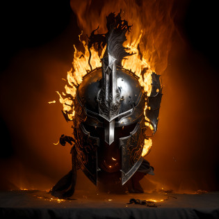 arafed helmet with flames on a table in the dark, flame conjuring armored, burnt armor, iron mask and helmet, light coming off of the armor, all face covered with a fire, iron helmet, lord of cinder, knight helmet, ares with heavy armor and sword, glowing eyes in helmet, face of an armored villian, portrait shot, dragon helmet