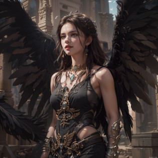 (Numerous award-winning masterpieces, with incredible detail, textures and maximum detail), (full-body standing image:1.8), (upper body up:0.3), (hyper realistic:1.4), (realistic:1.3), (best quality real texture skin), (Lord's Hell Demon Warrior: 1.6), (Holds a sinister straight sword hilt that emits an elaborately decorated glow of hellfire: 1.9), (finely detailed true circle Symmetrical eyes), (finely drawn beautiful face), ((medieval world)), (Full body armor with delicate decoration that gives off a sinister shine: 1.8), (full-body standing image:1.8), (Beautiful yet evil eyes), (Opens mouth wide and laughs happily), (Smiling cruelly), (Eyes of a sinister color filled with malice), (Majestic thunderclouds and sky with shining lightning: 1.4), (halo optical phenomenon:1.3), Dramatic Light, majestic sight, (Large wings with Jet black feathers behind the shoulders:1.7), (((Folded wings))), Glass earrings on the ears, (((dramatic photo))), (full-body standing image:1.8), (Sacred Pose), (golden hair), (silver hair), (chestnut hair), Short cut hair, ((looks up)), ((looking down)), (Around her neck is a simple necklace of exquisite workmanship), Old ruins infested with plants, great temple, great cathedral, temple ruins, detached temple, (Luminous magic circle), Ruins of an ancient castle, Deserted ruins, crumbling ruins, Ancient ruins with clear water, highly detailed, ultra-realistic, intricate details, painting (artwork), ((masterpiece,best quality)), ((cinematic light)), hyper realistic, fearsome, dark fantasy, Sacred Light, epic realistic, faded, ((neutral colors)), art, (hdr:1.5), (muted colors:1.2), hyper detailed, (art station:1.5), cinematic, warm lights, light effect, dramatic light, (intricate details:1.1), complex background, (Greg rutkowski:0.8), (teal and orange:0.4),