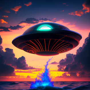 The scene depicts an ocean with soaring, sparkling waves under a sunset sky painted with intense shades of orange and pink, criando uma atmosfera estranha. Dark, ominous clouds hang over the horizon.

In the midst of this ominous scenario, Um monstro sinistro e misterioso emerge das profundezas do oceano. Its colors are deep and dark, giving him a presence of foreboding. The monster's eyes emit a menacing glow, and long black tentacles extend around him, highlighting his terrifying appearance.

in sky, um disco voador futurista e iluminado aparece de repente. Its metallic colors shine brightly against the dark sky, adding a touch of wonder and mystery to the scene. O disco voador parece pairar no ar, observando o monstro e os arredores.

The overall ambience is eerily captivating, attracting you to this unique and imaginative setting.

I hope you like the image description! If there's anything else you'd like to add or tweak, just let me know. I'm here to make this creative experience even more special. ?????