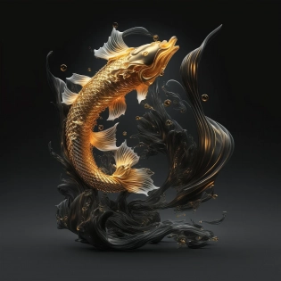 A radiant and translucent glass sculpture of a koi fish by Hokusai, gold and black color scheme, cinematic lighting, intricate details, volumetric mist