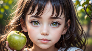 There's a little girl holding a green apple in her hands, holding an apple, one holds apple in hand, Shutterstock, with apple, foto de retrato em close-up, Garotinha, elma, childrens, Foto de Stock, retrato closeup, garota, Imagem de Stock, iStock, cortar, picking apples from a tree, garotada, foto de retrato, a apple, menina jovem bonito