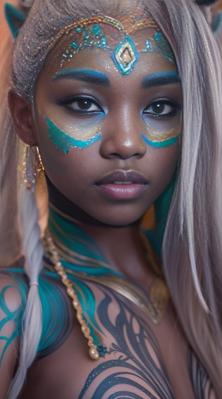 32k, total nude full body view from head to toe of black skin asian face young skinny petite woman, ((without clothes, black skin, absolutely nude, small boobs)), very beautiful tribal raccoon sexy skinny young 20 yo woman with excessive intricately detailed vivdly colorful facepaint bodypaint makeup, stunning radiant teal eyes, gorgeous white hair with pink highlights, magical night sky background, (total nude) full length body shot, trending on artstation, sharp focus, studio photo, intricate details, highly detailed, 32K resolution, perfect composition, perfect face, ultra detailed