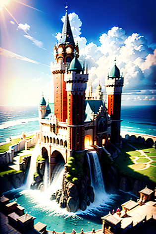 MEDIEVAL PALACE,EM CIMA DEUMA GINGANTE MONTANHA uma obra-prima de um grande castelo real fundo jardim de rosas com oceano e praia. sol lux luz intensiva, raios solares de luzes intensivas, nuvens bonitas, epic scenery, Detalhe extra, irreal 5, hiper-realista, dynamic lighting, por Kim Hyung-Tae, Hyung Tae Kim, THE MAJESTIC PALAZZO OF YELLOW COLOR AND VERY BRIGHT ,POSSUI 5 ANDARES,4 TORRES BEM ALTAS,ONDE FICA SOLDADOS DO REINO, FICA LOCALIZADO NO ALTO DE UMA UMA GRANDE MONTANHA,THIS PALACE IS HUGE,NELE MORA PRINCIPES,DUQUESAS,HIGH-RANKING OFFICIALS OF THE KINGDOM,ALSO HOSTING,IMPORTANT PEOPLE WHO ARRIVE TO DEAL WITH THE BUSINESS OF THE NOBILITY AND THE KINGDOM,FROM THE TOP OF THIS PALACE YOU CAN SEE THE WHOLE PROVINCE AND MUCH OF THE OCEAN,A STRATEGIC POINT OF THE KINGDOM ,EVITANDO ASSIM,ATAQUES SUPRESAS DE SEUS INIMIGOS,