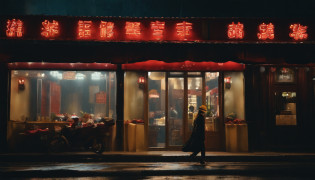 Snowy night view of the small shop, A small yellow box is parked in front?snow cover., Inspired by Wong Kar-wai's work, In the style of Zhang Yimou's works. Scenes are the conceptual art of film and television films, Similar to concept art in movies. The store is a convenience store?nevando?Pyrotechnics?christmas?Christmas Eve?Road?zona rural?Lifelike?Eye level?cinematic photogtaphy?Super realistic?wide screen.???? in the mood of?Wong Kar-wai?