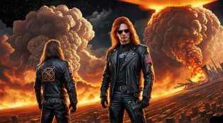 3 boys in leather clothes standing in front of a big explosion, close up, portrait style, hellish, LIGHTNING, Heavy metal promo band, Thrash metal, Heavy Rock promo band photo, Arch Enemy, Burning in Hell, New Wave of British Heavy Metal, Long Blonde Flaming Hair, Heavy Metal The Movie, Destruction, Slayer, 2 0 0 6 Advertising Promo Shot,  Proto - Metal Band Promo, Megadeth, death metal, Nuclear explosion over a city with a big mushroom cloud, nuclear bomb explosion, nuclear bomb explosion, nuclear explosion, nuclear mushroom cloud, nuclear attack, nuclear apocalypse, mushroom cloud on the horizon, huge nuclear mushroom cloud, nuclear explosion background, nuclear cloud, nuclear bomb, nuclear explosion on the horizon,  Nuclear explosions paint the sky, nuclear war, mushroom cloud in the background