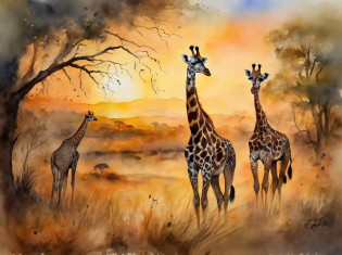 painting of two giraffes in a field with trees and sunrise, landscape artwork, african savannah, african steppe, african landscape, savannah, detailed gouache paintings, watercolor painting style, detailed watercolor painting, watercolor detailed art, oil paintings, african plains, watercolor painting , watercolor painting, watercolor on canvas, detailed paintings, watercolor art, landscapes