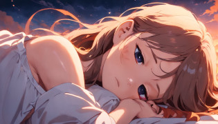 ?masterpiece, Highest Quality, MovieSteel, 1woman, Cloud Girl, Floating in the sky, close-up, brightness, happiness, Warm and soft lighting, sunset, Sleeping, Sleep on your stomach, sleep, eyes closed. (sparks:0.7)