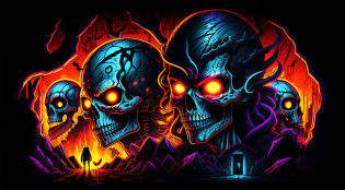 NeonMuta��o, skull, she's coming for you, de perto, caverna,, olhos brilhantes, (de perto:1.3), 8k, melhor qualidade.