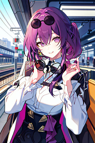 (Masterpiece:1.2, Best quality), 1lady,solo?1girll, KafkaHKS, Smile?sunglasses, eyewear on head, Jacket, White shirt?Purple colored hair?Purple eye?Wait for the incoming train at the subway station?Look at the other person?sharp