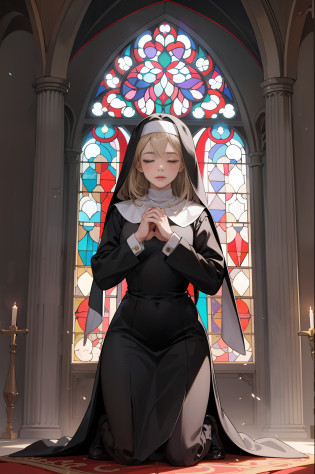 ?best qulity?master-piece?1.4???photorealestic?1.2???photorealestic?1.2???absurdities?1.2??4K?detailded?hyper�detailed?Digital art of?Detailed face?church?inside room?stained glass colored?Mature women?Huge?1.3?Nun dress?Close your eyes?Kneeling ?praying?Cross your hands over your chest,