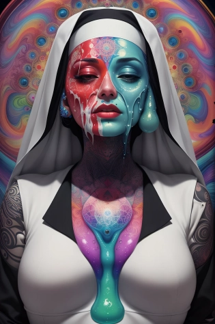 Aunt, (melting skin), sacred geometry, surreal futurism, Shamanic Tattoos, ((psychedelic colors)), chaos, nun, Slithering Slime, 16k, UHD, HDR, (Masterpiece:1. 5), (best quality:1. 5)