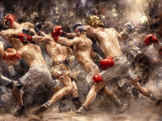 rendered art, highly detailed painting by gaston bussiere, craig mullins, j. c. leyendecker 8 k, trending on artstation, art, fighting, watercolor Boxer man with gloves, with fighting in a boxing ring , pen drawing, highly detailed , black and white , cyberpunk, Anime, the referee is concentrating, and the audience is boiling, highly detailed , black and white , Anime,