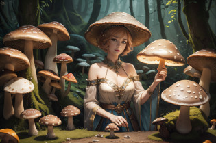 masterpiece++, top-quality++, ultra-definition++, ultra-definition++, 4k++, 8k++, Background Focus++, Peach hair, short-haired, ((woman casts mushroom spell)), Mushroom runes, The magic of mushrooms, Mushroom magician, druid, Goddess of mushrooms, detailed fantasy art, fantasy art style, Beautiful Ancient Mushroom Witch, Queen of mushrooms, Beautiful mushroom magician, Shiny floating mushroom fragments, Mushroom magic circle, Dazzling mushroom sparks, mushroom, Hair with the wind blowing mushrooms, Mushroom crown, Detailed clothing, Mischievous aura, Bewitching face, tall body, Mature body, seductive body, detailed beautiful faces, detailed shiny eyes, Detailed skin, Full body break, details, realisitic, 4K highly detailed digital art, octan render, ((((bio luminescent)))), BREAK8K resolution concept art, ?masterpiece, top-quality, Official Art, illustration, perfect-composition, absurdres, Fantasia, Focused, thirds rule