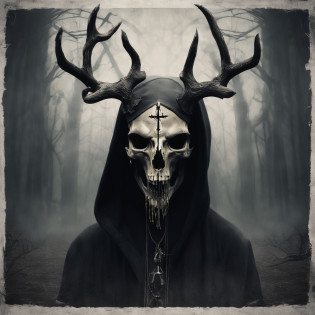 (a person wearing a black hooded robe and a satanic deer skull,a wax candle),(best quality,highres,gloomy,horror,satanic,dark color scheme),dimly lit background,gloomy atmosphere,flickering candle light,creepy vibes,detailed robe texture,dark and mysterious,haunting shadows,spooky aura,sinister expression in the eyes,subtle glow on the candle flame, cinematic camera angle, photo realistic, clear deer skull, highred deer skull, blood on deer skull, wax dripping, chains hanging from background, dark color scheme, satanic crosses in background, satanic alter, satanic crosses, upside down crosses, dark backdrop, summoning spirit, summoning, summon