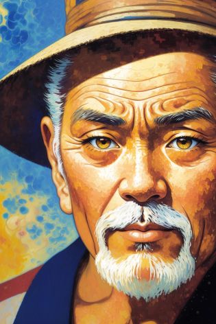 [close up of an old asian man's face:abstract background:0.5], extremely detailed face and eyes, explosive pose, expressionism, digital art, colorful background, absurdist, highly detailed, (brush strokes:1.1), (acrylic paint:1.1), pointillism, muted colors, by satoshi kon, by alphonse mucha, by raphael