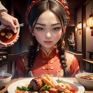 tmasterpiece?A high resolution?8K?CG animation?Detailed facial expressions?Chinese family?Chinese cuisine?At meal