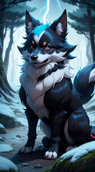 crea un pokemon estilo anime, tipo fantasma fuego, inspirado en un zorro combinado con un border collie, con colores morados grises y azules oscuros, docil y agil, ubicado en un bosque nevado de arte digital, arte digital, key visual de anime