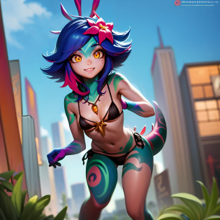 best illustration, illustration, vibrant colors, masterpiece, best quality, absurdities, 1girl, beautiful face, detailed eyes, looking at the viewer, contrapposto, sexy, full body, neeko, facial marks, hair ornaments, hair flower, necklace, lizard tail, multicolored skin, body painting, walking in public, with shame, red with shame, panting, smiling, in public, waving to strangers, teasing strangers, (( black micro-bikini)), walking on the street, in public, wearing black micro-bikini, black bikini, 2 girls, 2 twins